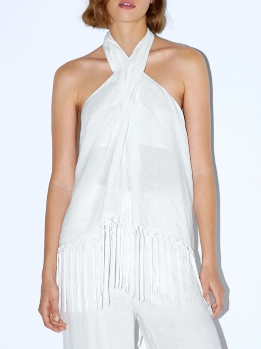 Zara 100% Linen White Halter Fringe Summer Top - Picture 2 of 11